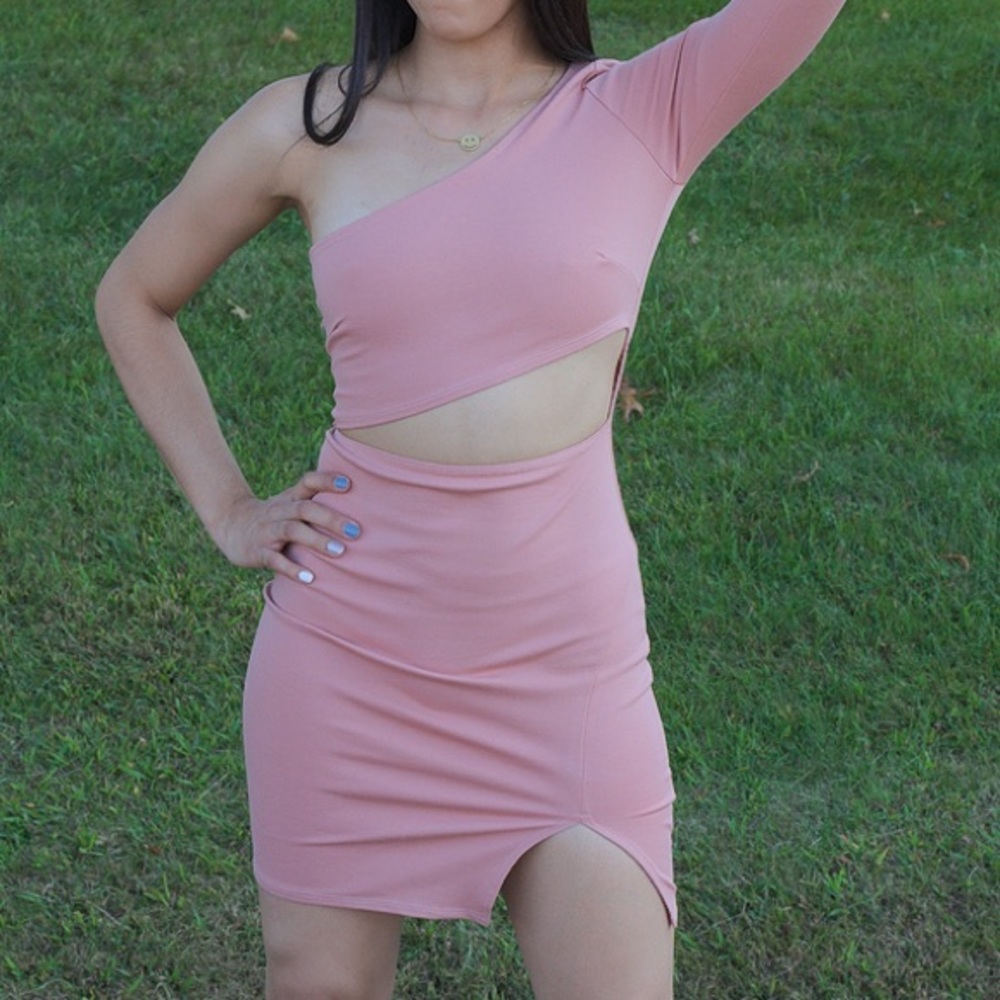 Blush pink, one sleeve,  mini dress